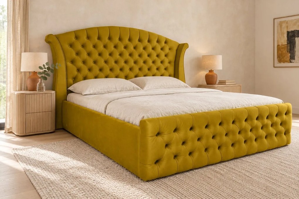 Pat tapițat Chesterfield din catifea Sorella Simple 140×200 cm, galben muștar, cu ladă de depozitare