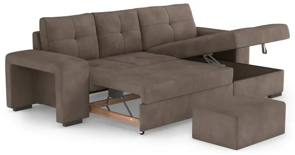 Canapea extensibilă PALERMO, cu spațiu de depozitare și taburet, maro, cu șezlong pe partea dreaptă