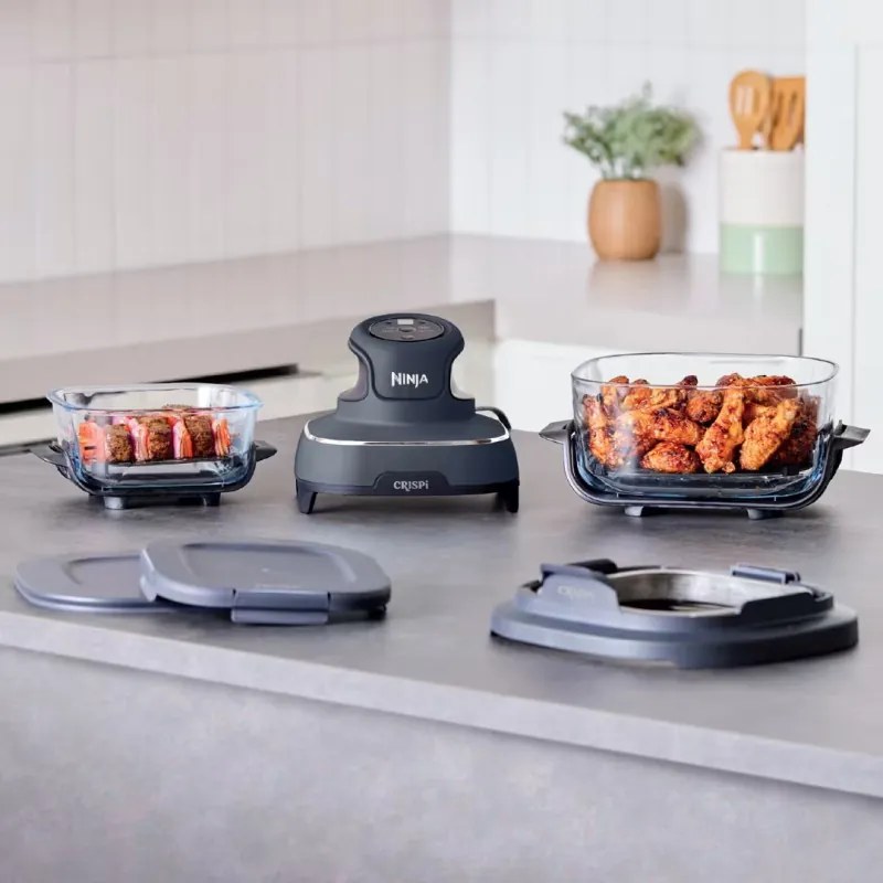 Friteuza cu aer cald portabila 4in1 Ninja CRISPi FN101EUGY, 1700W, 3.8l, 6 portii, 2 recipiente din sticla, 4 programe, Fara PFAS si BPA, Albastru inchis