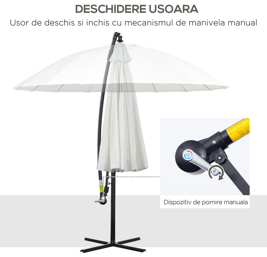 Outsunny Umbrelă Suspendată cu Braț Lateral Φ296cm pentru Patio și Grădină, Deschidere Ușoară, Design Elegant, Alb Crem | Aosom Romania