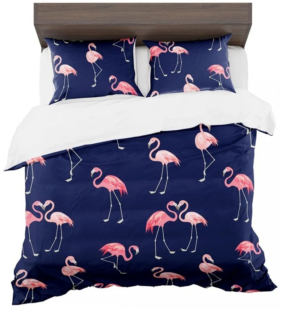 Lenjerie de pat albastră cu model flamingo 2 părți: 1buc 140 cmx200 + 1buc 70 cmx80