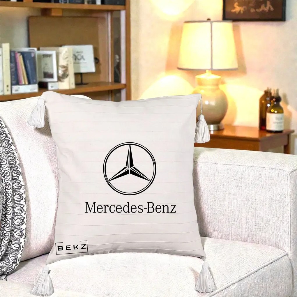 Perna Personalizata cu emblema Mercedes-Benz, 40x40 cm, Bej cu Franjuri, Husa Detasabila, Perna Inclusa, BEKZ®