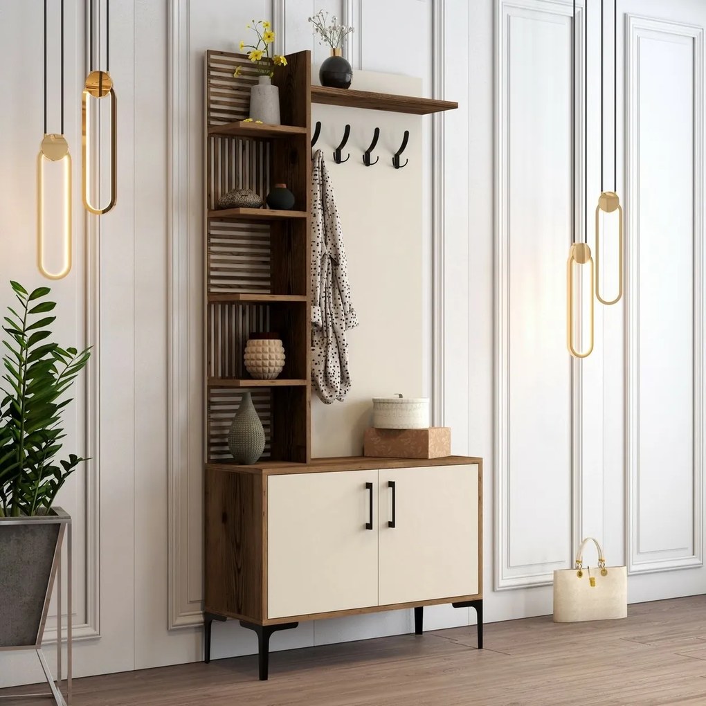 Cuier cu dulap pentru pantofi și rafturi ViyanaWalnut and Cream