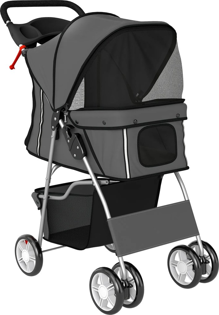 PawHut Cărucior pliabil pentru câini, cărucior cu bandă reflectorizantă, coș de depozitare, pernă pentru câini mici până la 10 kg 77x44x102 cm gri închis | Aosom Romania