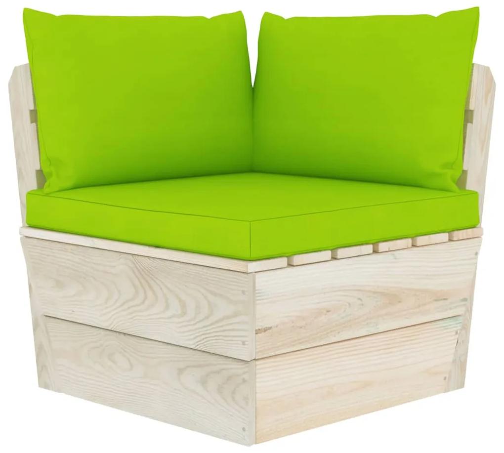 Set mobilier gradina din paleti cu perne, 6 piese, lemn molid verde aprins, colt + 3x mijloc + masa + suport pentru picioare, 1