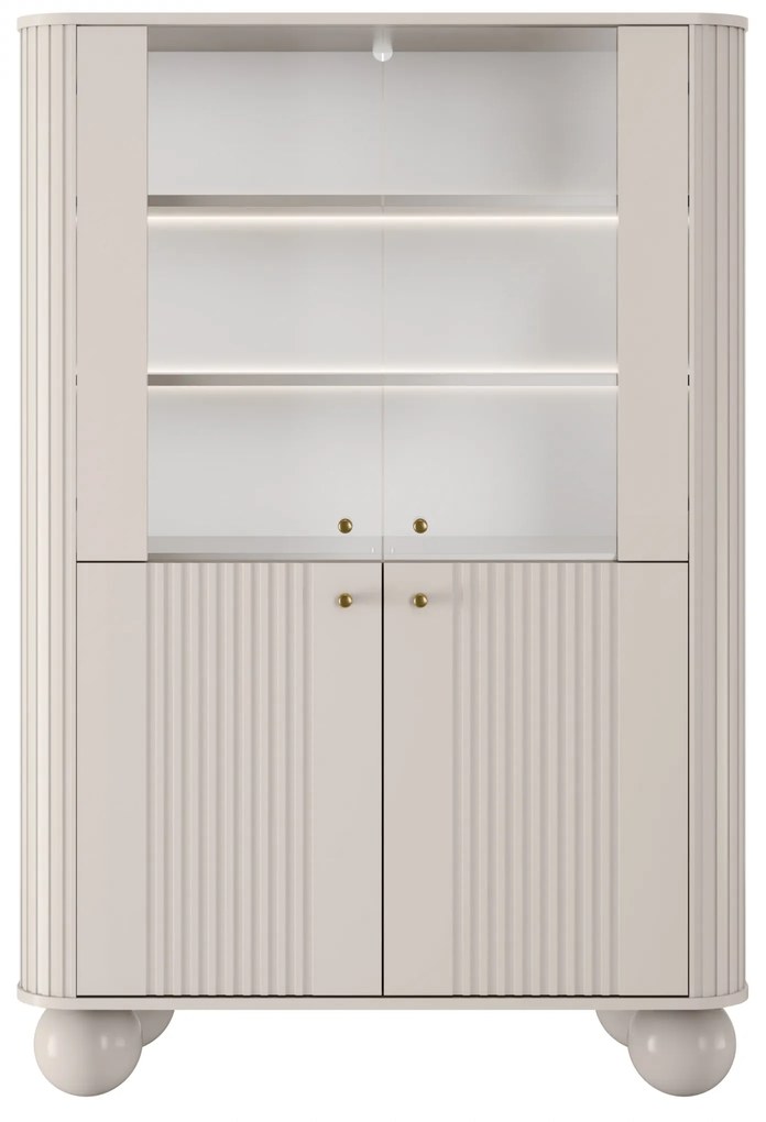 Vitrină Vesper 103 cm cu 4 uși - cașmir / mânere aurii / picioare sferice