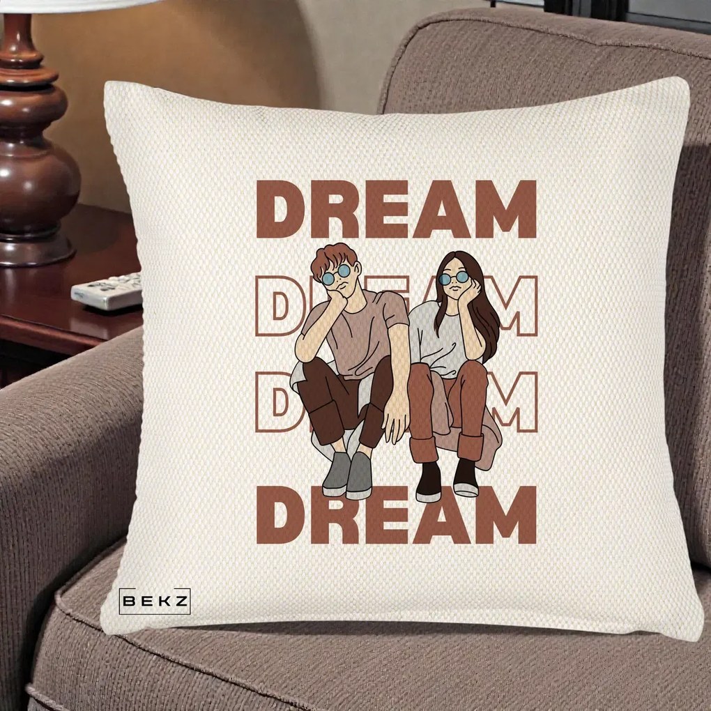 Perna Decorativa Dream Couple Aesthetic, 40x40 cm, Crem Reliefat, Husa Detasabila, Perna Inclusa, BEKZ®