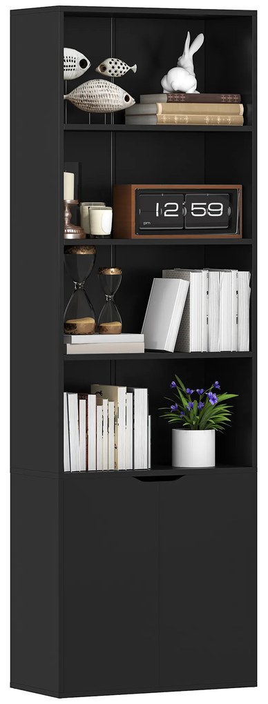 HOMCOM Bibliotecă Dulap pentru cărți cu 4 compartimente deschise și 2 uși pentru sufragerie și birou 59x29x180 cm Negru | Aosom Romania