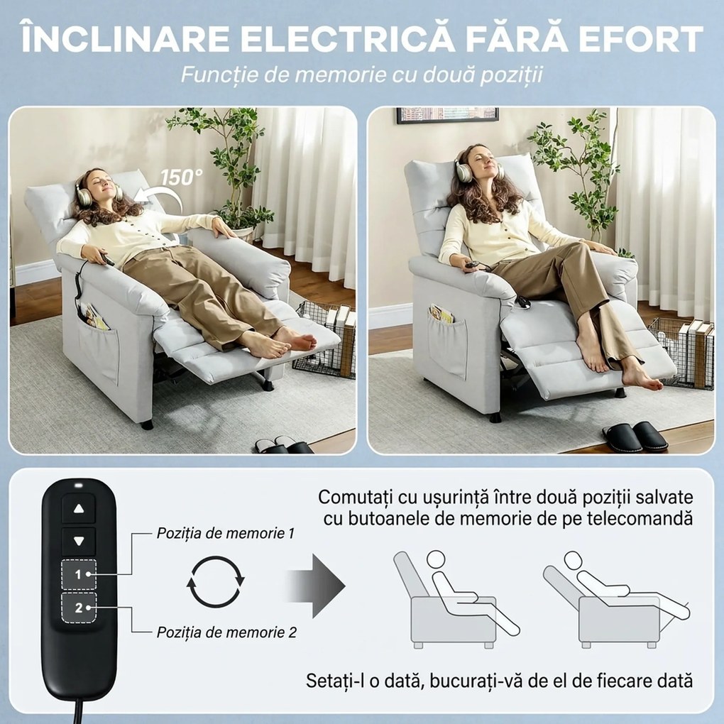 HOMCOM Fotoliu Relaxant Electric cu Masaj și Încălzire și Suport pentru Picioare, Silențios, Fotoliu Reclinabil 150° în Catifea Prietenoasă cu Animalele cu Funcție de Memorare, 2 Telecomenzi pentru Sufragerie, Gri Deschis | Aosom Romania