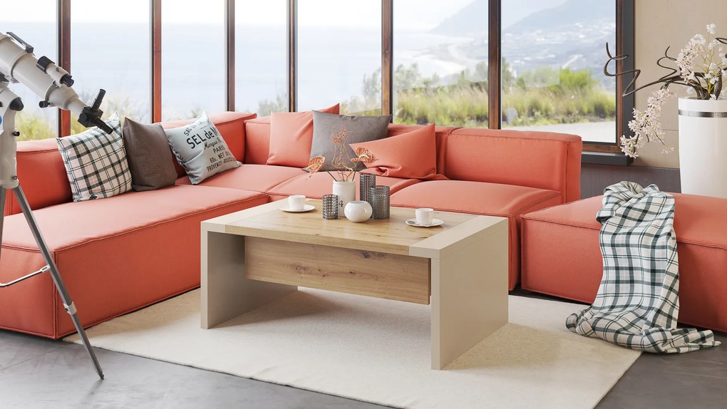 Mazzoni SPACE Stejar Artisan/Bej (Șampanie) - MĂSUȚĂ EXTENSIBILĂ CU RIDICAREA BLATULUI MĂSUȚĂ DE CAFEA