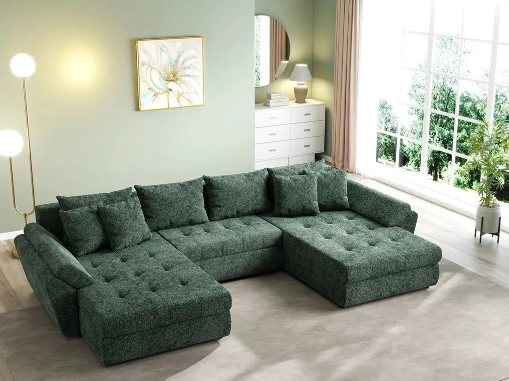 Colțar extensibil dumonde cu ladă de depozitare si sezut confortabil din spuma high-density, Loana U Euphoria Green 355x185 cm