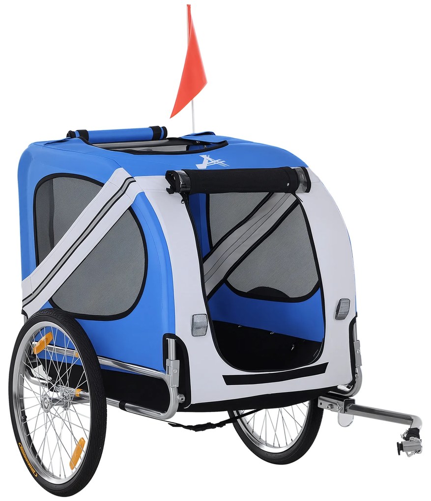 PawHut Remorcă bicicletă pentru câine animale 8 reflectoare steag bară de remorcare inclus 130 x 73 x 90 cm alb și albastru | Aosom Romania