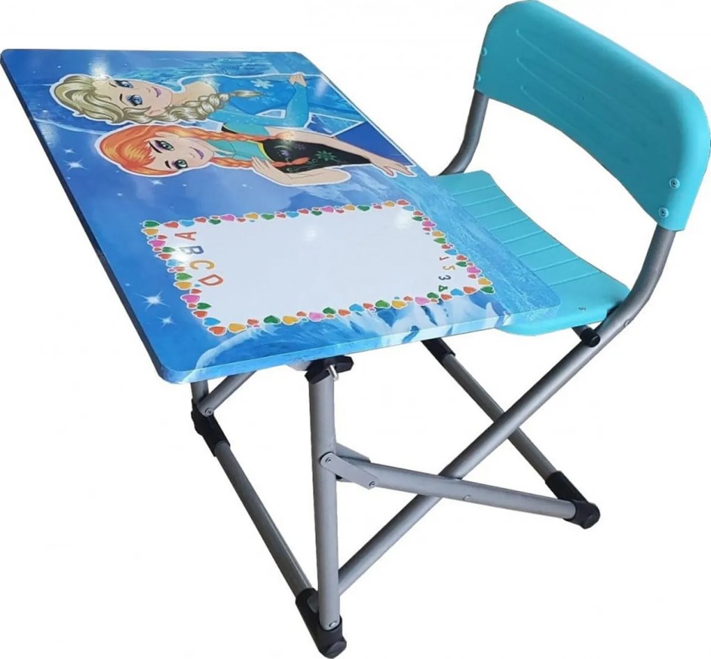 Birou pliabil pentru copii Novokids™ My first school desk, Din MDF, dimensiuni 70X60X66 cm, Cadru metalic, Banca scolara, Model Printese, Bleu