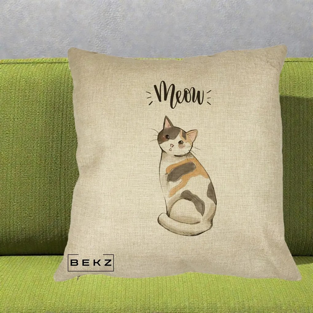 Perna Personalizata Pisica Meow Acuarela, 40x40 cm, Crem, Husa Detasabila, Perna Inclusa, BEKZ®