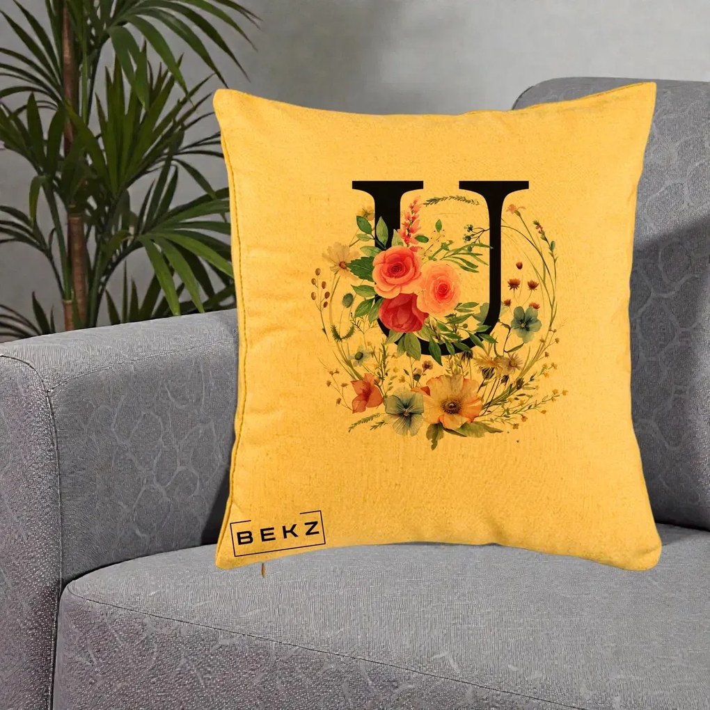 Cadou Personalizat - Perna Personalizata Monogram Litera U cu Flori Acuarela, 40x40 cm, Galben, Husa Detasabila, Perna Inclusa, BEKZ®