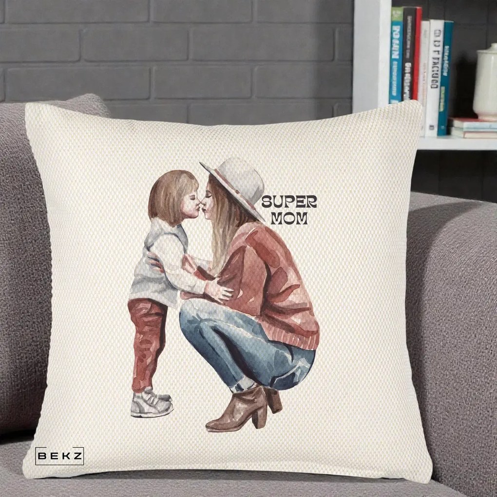 Cadou pentru Mama - Perna Personalizata Super Mom Acuarela, 40x40 cm, Crem Reliefat, Husa Detasabila, Perna Inclusa, BEKZ®