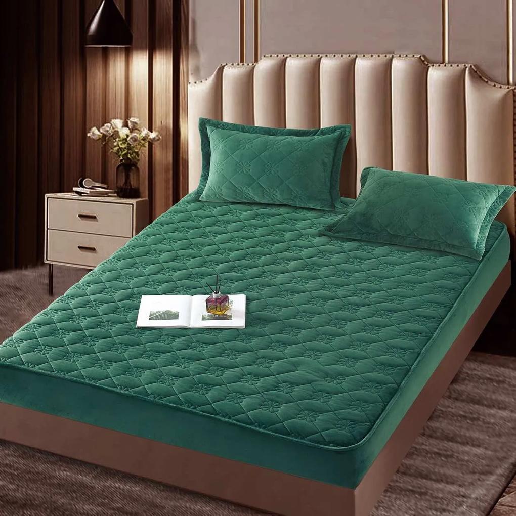 Husa de pat matlasata si 2 fete de perne din catifea, cu elastic, model tip topper, pentru saltea 140x200 cm, verde, HTC-34