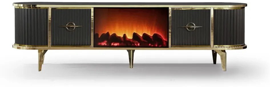 Comoda TV cu șemineu electric și riflaje, boxe Bluethooth, telecomandă, Negru/Auriu, 180x40x50cm