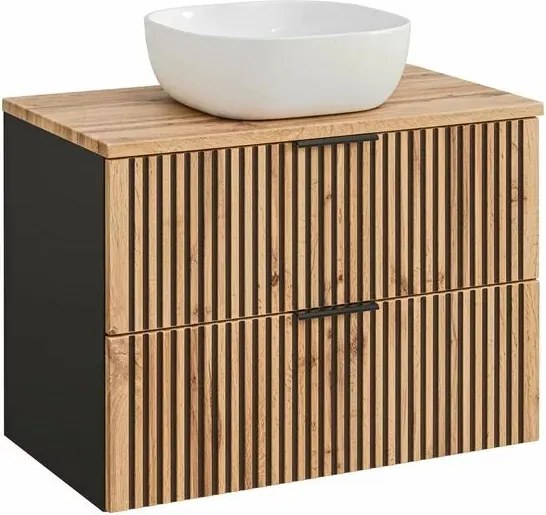 Set dulap baza suspendat 80 cm cu blat si lavoar Comad Xilo stejar Wotan si gri piatra
