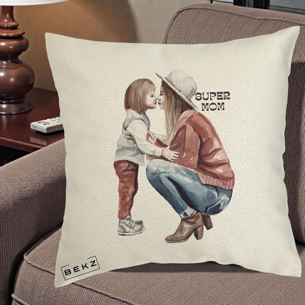 Cadou pentru Mama - Perna Personalizata Super Mom Acuarela, 40x40 cm, Ecru, Husa Detasabila, Perna Inclusa, BEKZ®