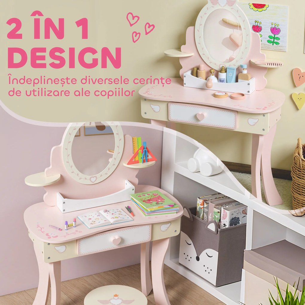 AIYAPLAY Set Masă de Toaletă pentru Copii cu Oglindă și Scaunel, 7 Accesorii de Joc, Sertar, Depozitare pe Birou, Roz | Aosom Romania