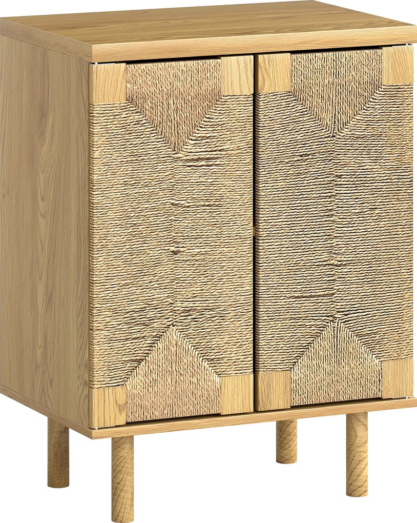 HOMCOM Bufet boem cu 2 uși cu sfoară împletită manual, raft reglabil, deschidere prin apăsare, stejar, 60x40x78 cm | Aosom Romania