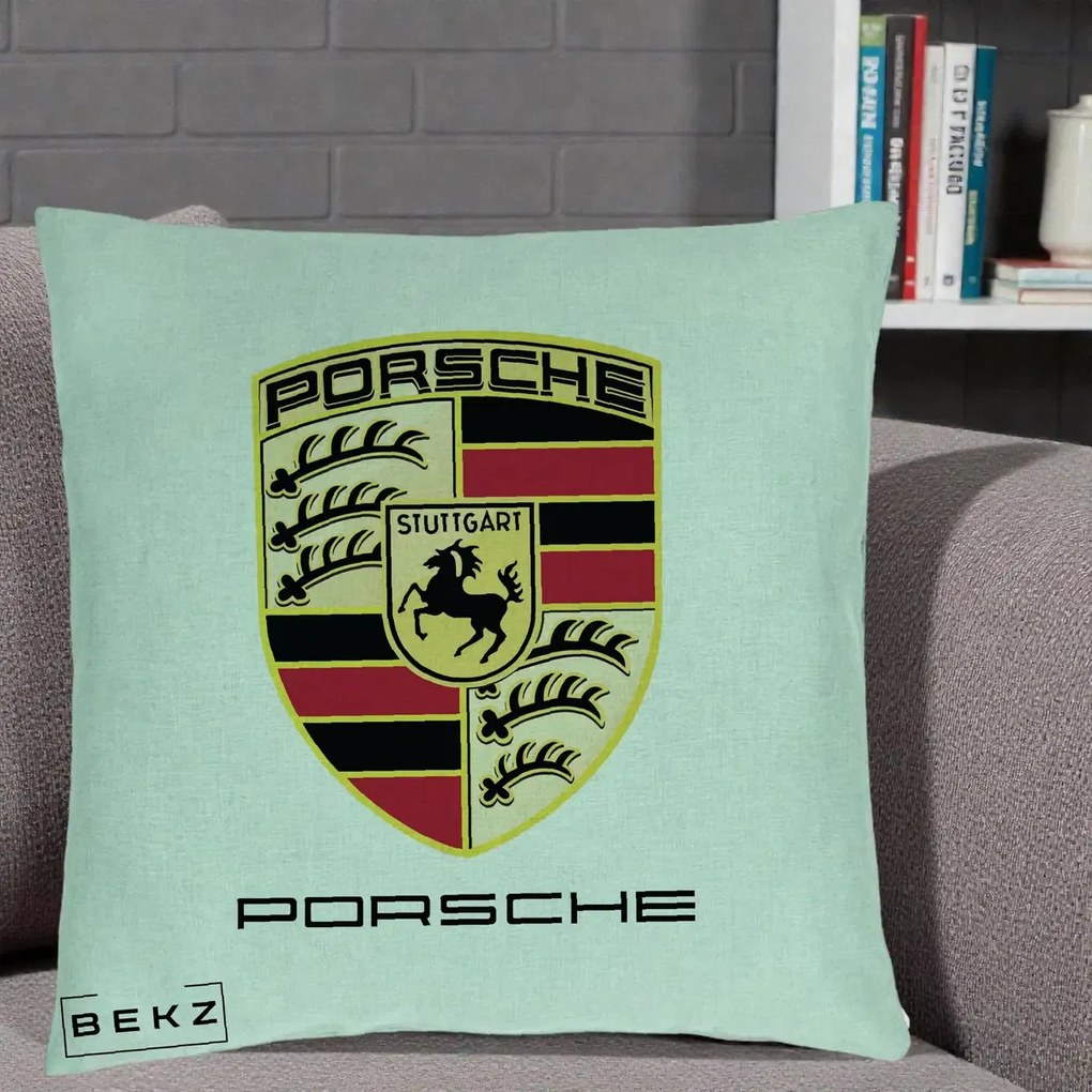 Perna Personalizata Porsche Stuttgart, 40x40 cm, Verde Menta, Husa Detasabila, Perna Inclusa, BEKZ®