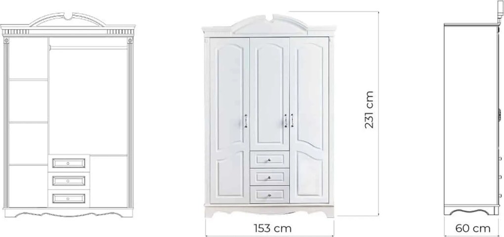 Dulap lemn masiv alb Elizabeth 3 Uși, 153 × 60 × 231 cm