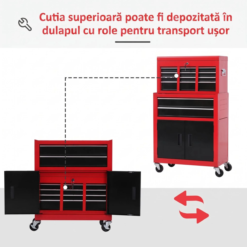 HOMCOM Cutie pentru Unelte pe Roți cu 6 Sertare, 2 în 1, Dulap Spațios cu Încuietoare, Metal, Roșu | Aosom Romania