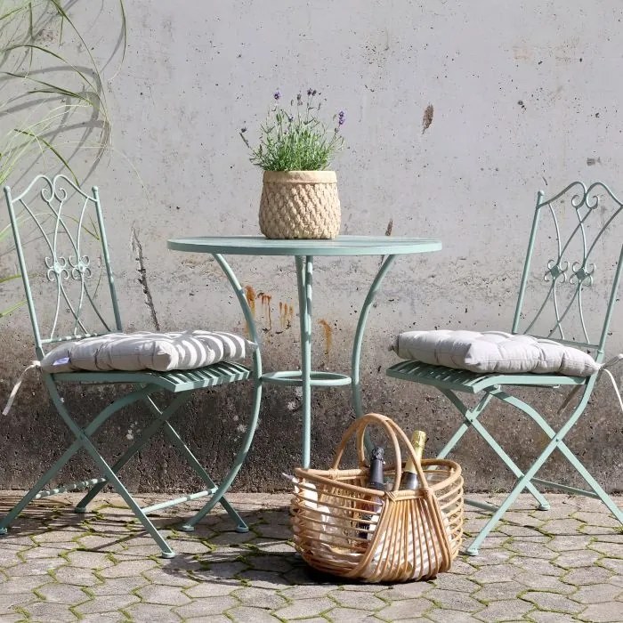Set bistro pentru exterior din metal verde antichizat cu masă și 2 scaune, „Antique Verte”