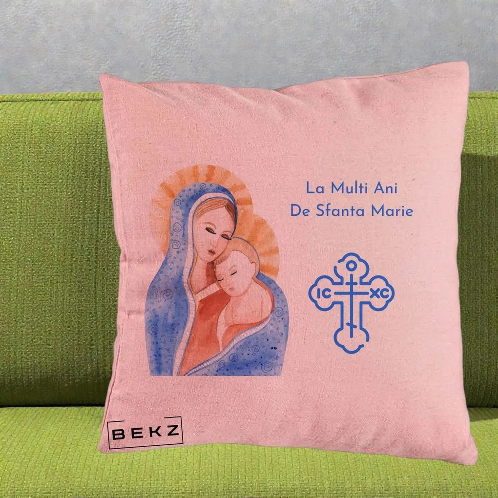 Cadou de Onomastica - Perna Personalizata Sfanta Marie Icoana Acuarela, 40x40 cm, Roz, Husa Detasabila, Perna Inclusa, BEKZ®