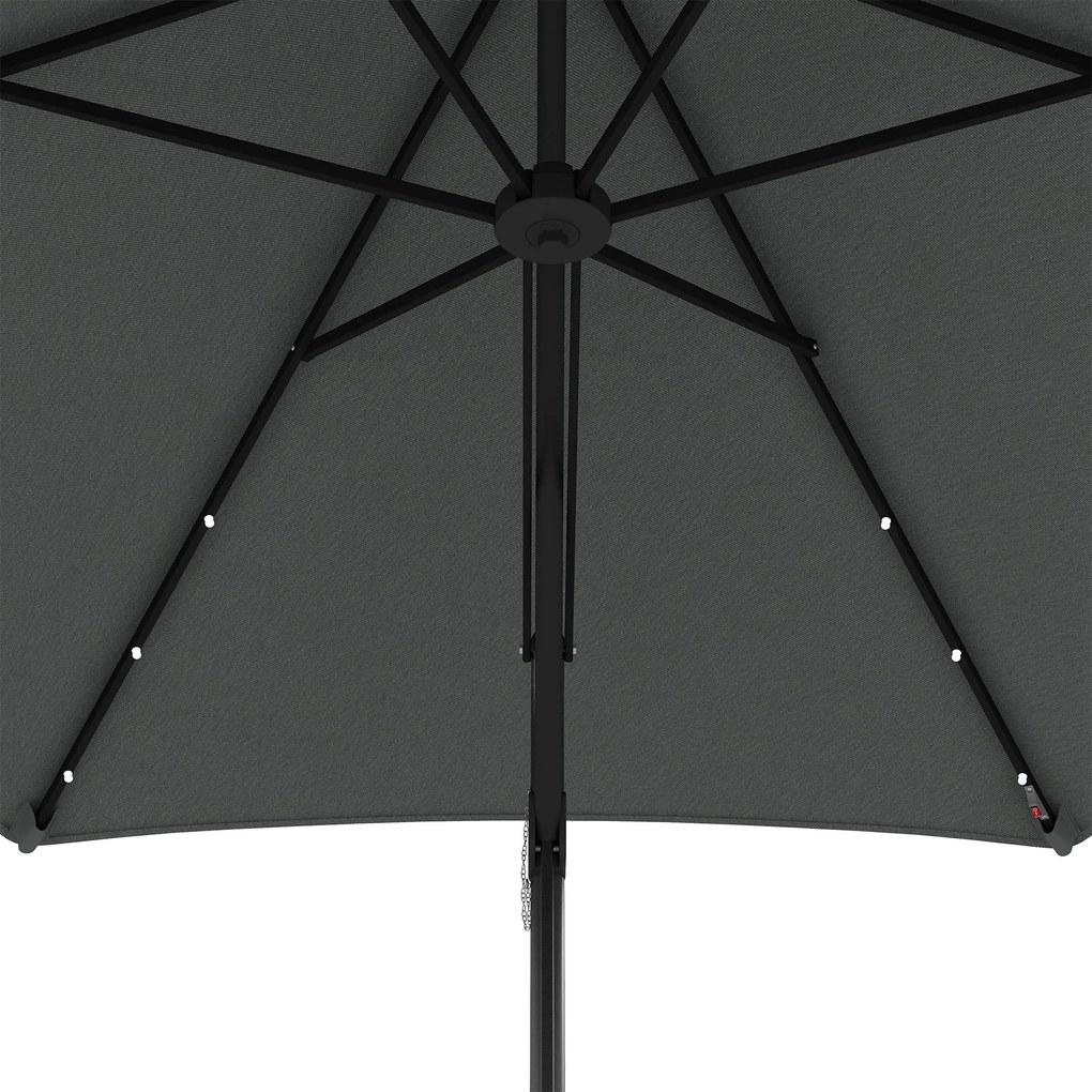 Outsunny Umbrelă Excentrică de 3 m cu Lumini LED cu Manivelă și Bază în Cruce pentru Exterior Patio Terasă Gri Închis | Aosom Romania