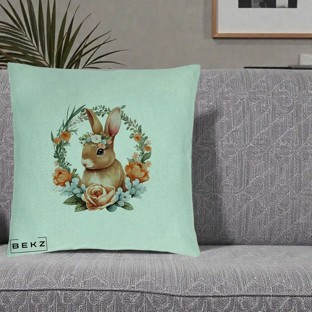 Perna Decorativa Iepuras Floral Coronita Acuarela, 40x40 cm, Verde Menta, Husa Detasabila, Perna Inclusa, BEKZ®