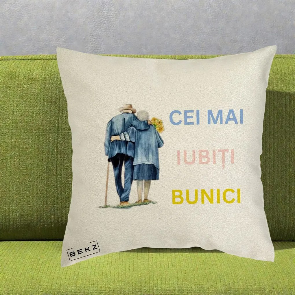 Cadou pentru Bunici - Perna Personalizata Cei Mai Iubiti Bunici Acuarela Spate, 40x40 cm, Ecru, Husa Detasabila, Perna Inclusa, BEKZ®