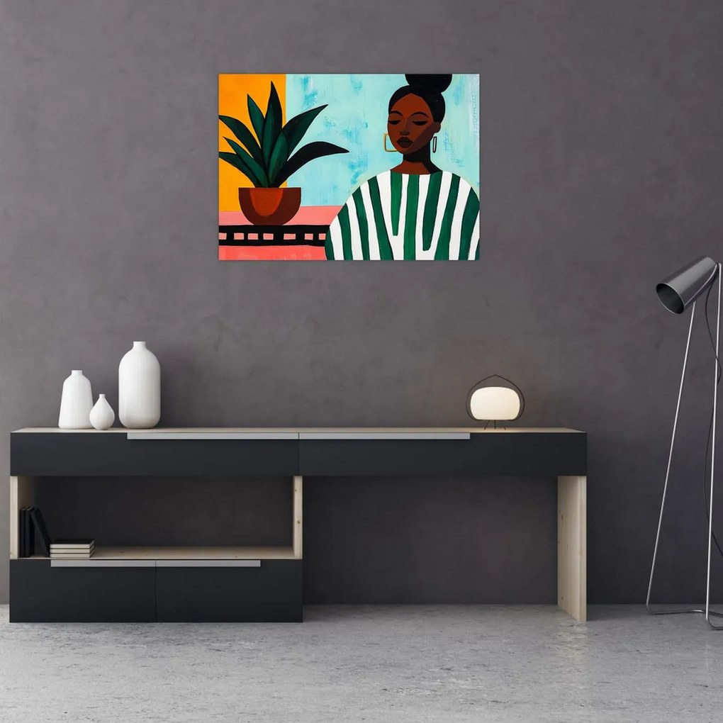 Tablou pe sticlă - Femeie cu floare (70x50 cm)