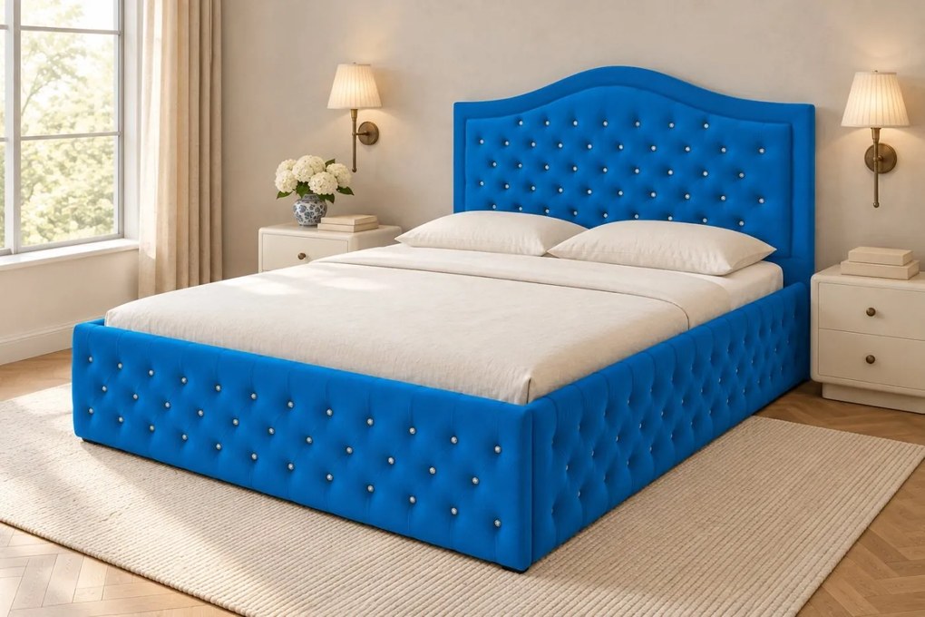 Pat tapițat Chesterfield din catifea Solaria Deluxe Cristal 140×200 cm, albastru, cu ladă de depozitare