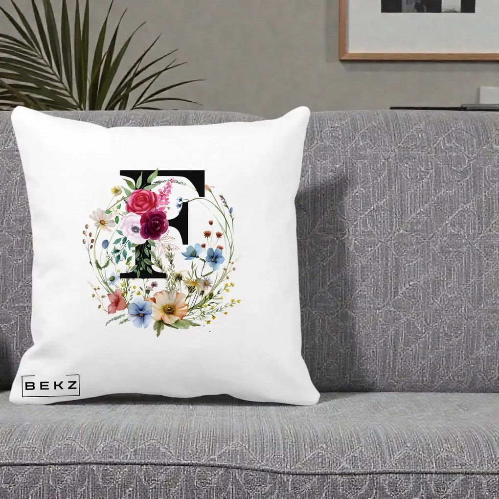 Cadou Personalizat - Perna Personalizata Monogram Litera F cu Flori Acuarela, 40x40 cm, Alba Mata, Husa Detasabila, Perna Inclusa, BEKZ®