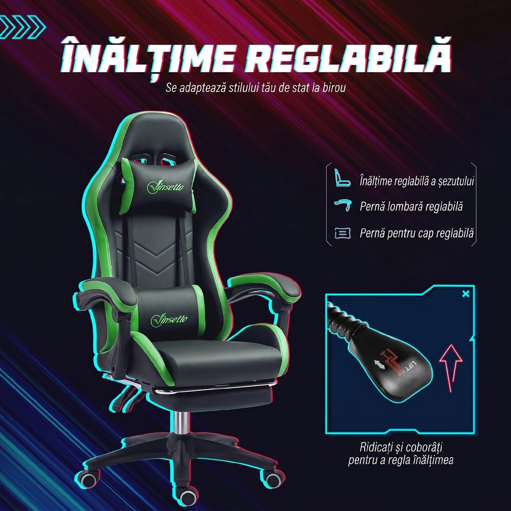 Vinsetto Scaun Gaming cu Înălțime Reglabilă, Scaun Gaming Ergonomic cu Spătar Rabatabil, 65x65x121-129 cm, Negru | Aosom Romania
