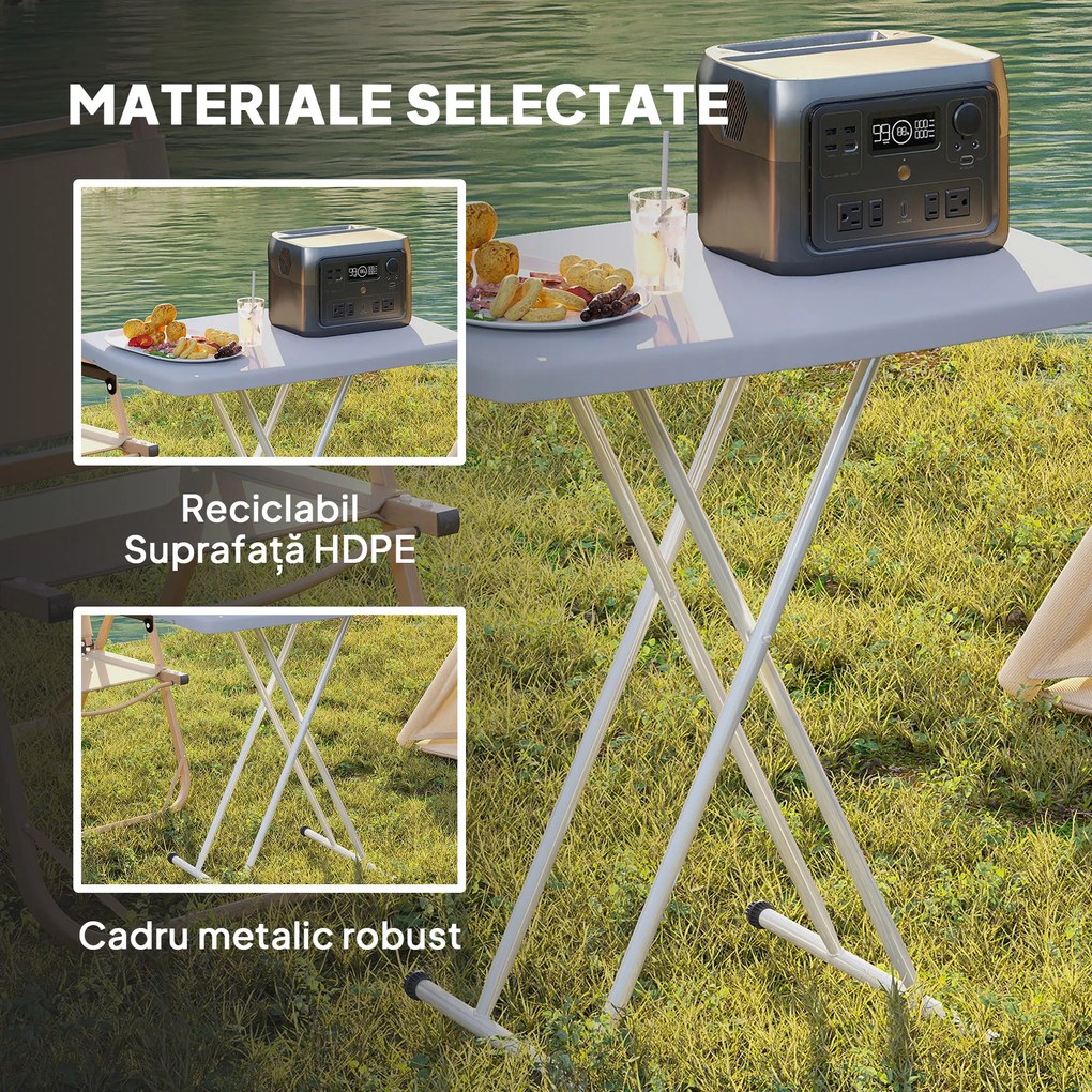Outsunny Măsuță de Cafea Pliabilă, Reglabilă pe Înălțime și Portabilă, cu Blat HDPE și Cadru Metalic, 76x50x74 cm, Alb | Aosom Romania