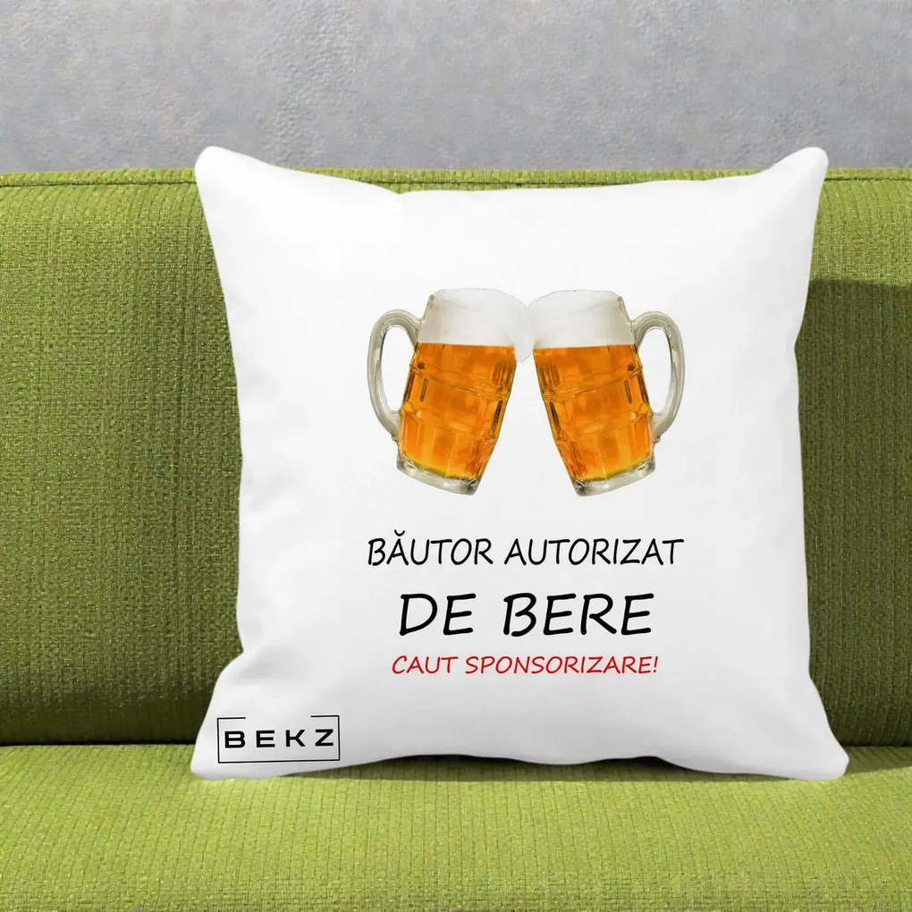 Perna Decorativa Bautor Autorizat de Bere, 40x40 cm, Alba Mata, Husa Detasabila, Perna Inclusa, BEKZ®