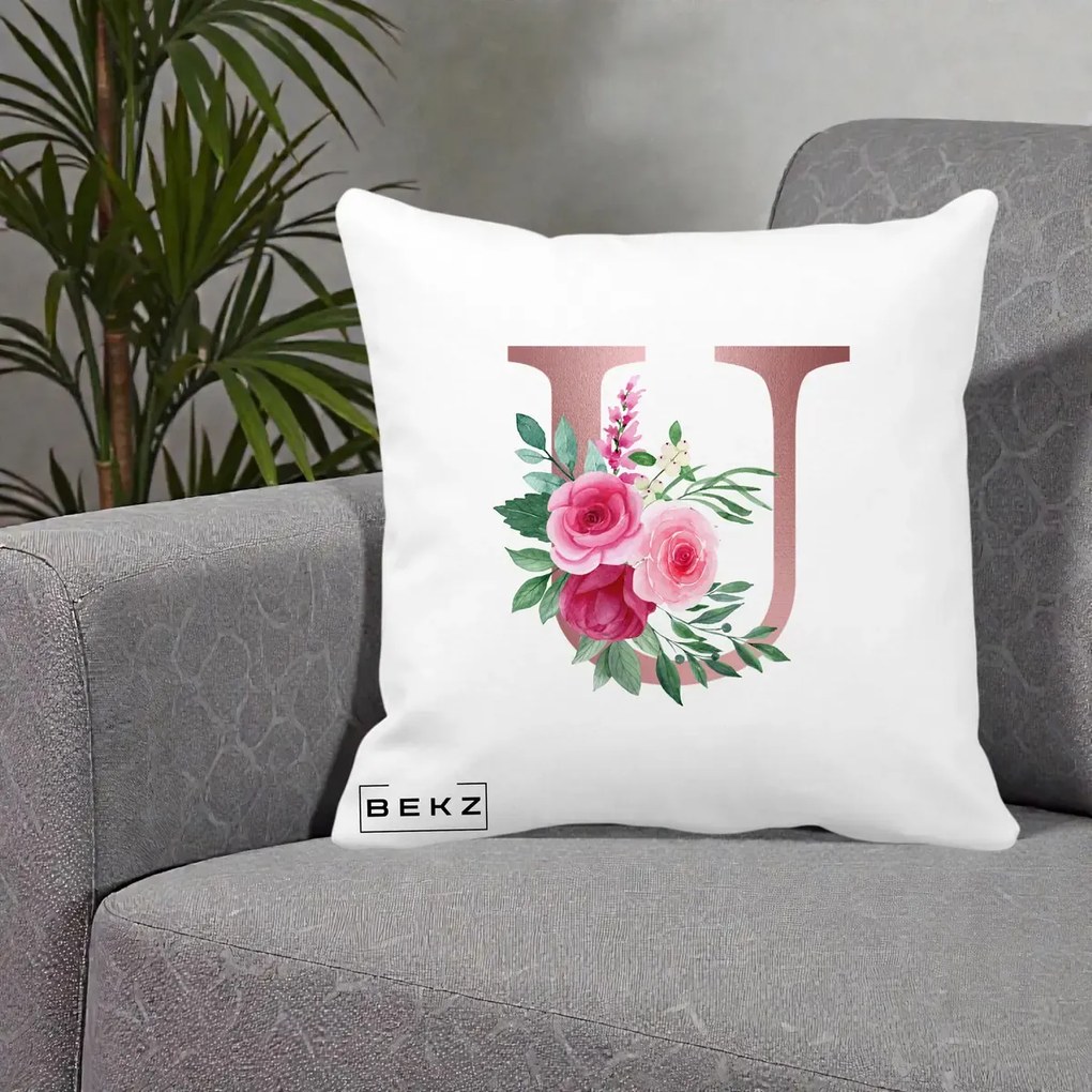 Cadou Personalizat - Perna Personalizata Monograma Rose Gold Litera U, 40x40 cm, Alba Mata, Husa Detasabila, Perna Inclusa, BEKZ®