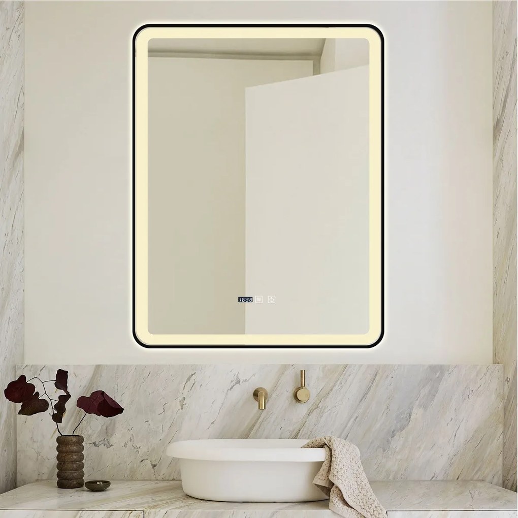 Oglindă Baie LED și Dezaburire Elit's Premium cu Senzor Touch, Lumina Rece, Caldă și Neutră, 70x90cm, cu rama Negru Antichizat, Ceas