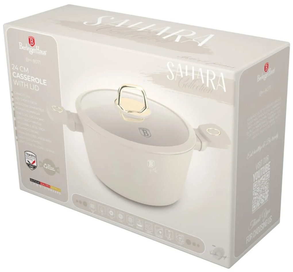 Oală cu capac 24 cm, 4.1L – Berlinger Haus Sahara Collection BH 8071, crem, antiaderentă cu titan, pentru supe și tocane