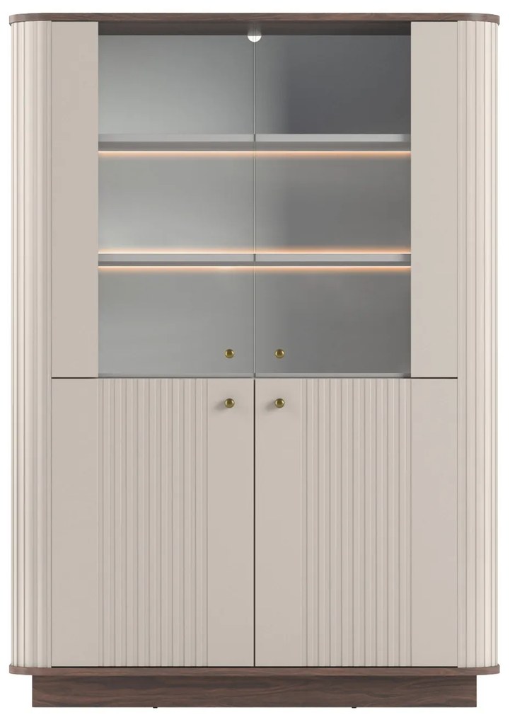 Vitrină cu patru uși pe soclu Vesper 103 cm - cașmir / nuc / mânere aurii