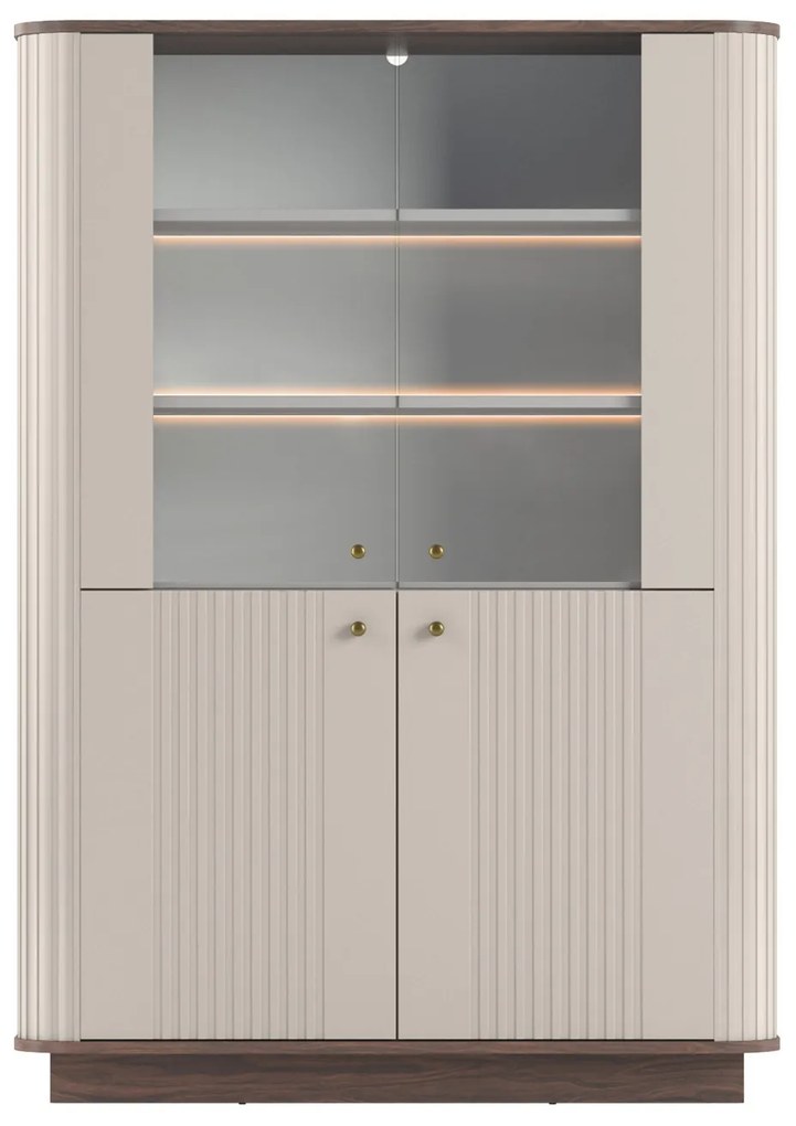 Vitrină Vesper 103 cm cu 4 uși - cașmir / nuc / mânere aurii
