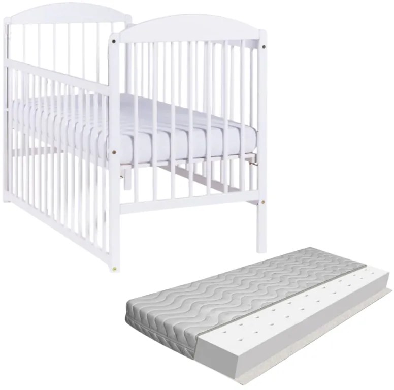 Patut din lemn masiv 120x60 cm Kidizi Orella alb cu laterala culisanta si saltea antialergica cu ventilatie Air 120x60x10 cm, reglabil pe 3 nivele, certificat EN71