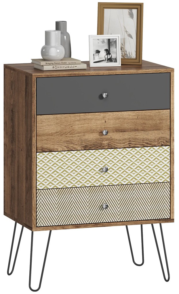 HOMCOM Comodă cu 4 sertare Picioare tip furcă din oțel Stil boem 60x39x86 cm Multicolor | Aosom Romania