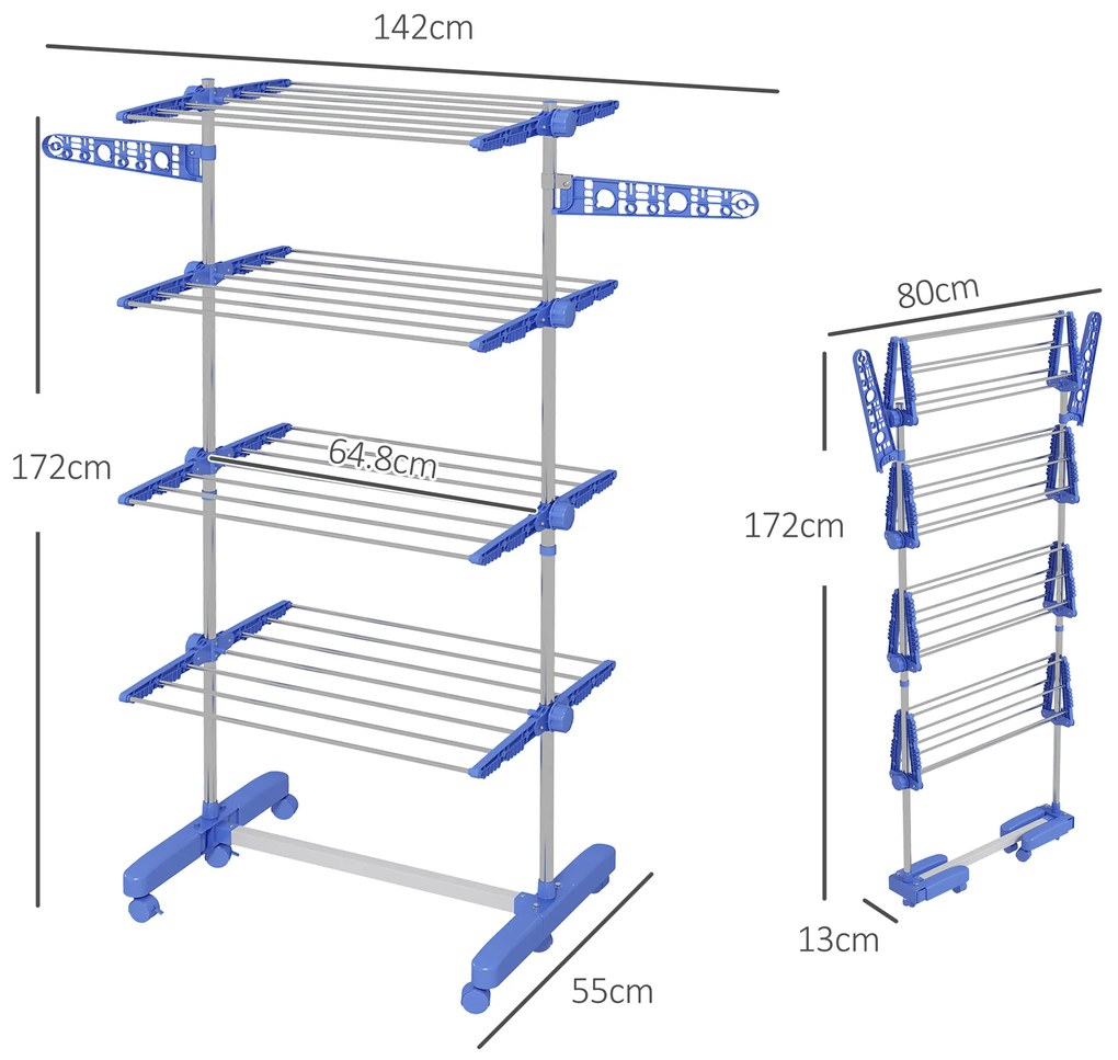 HOMCOM Suport Vertical de Uscare, Suport Pliabil de Uscare cu 6 Roți și 4 Rafturi Reglabile, 142x55x172 cm, Alb și Argintiu | Aosom Romania