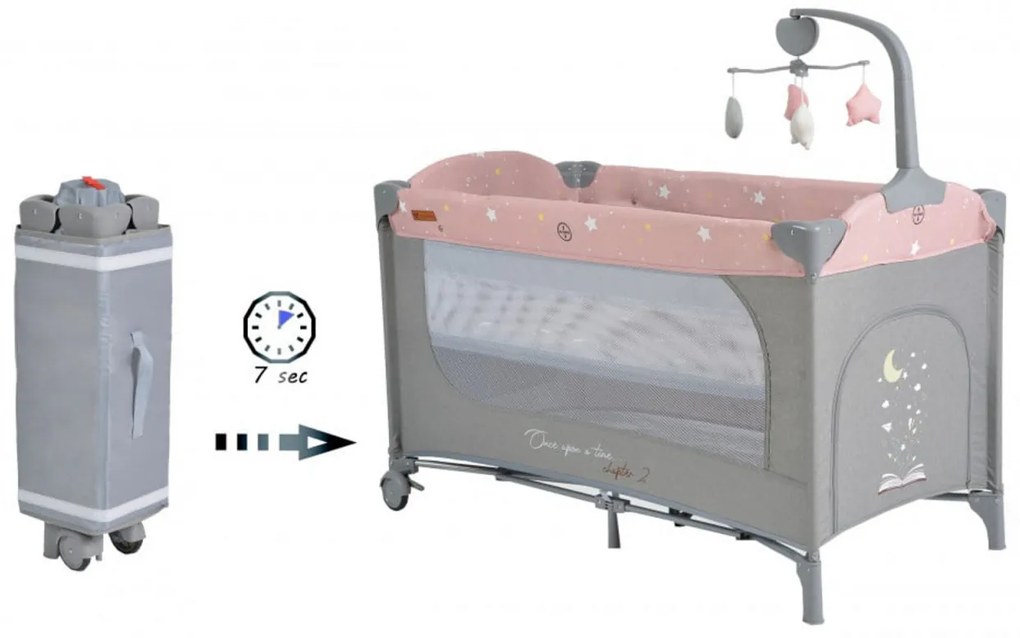 Patut pliant transformabil in tarc copii NOVOKIDS™ Onceuponatime NEST, 62X125 cm, 2 Niveluri, Jucarie Carusel muzical, Fermoar acces lateral, Roz cu