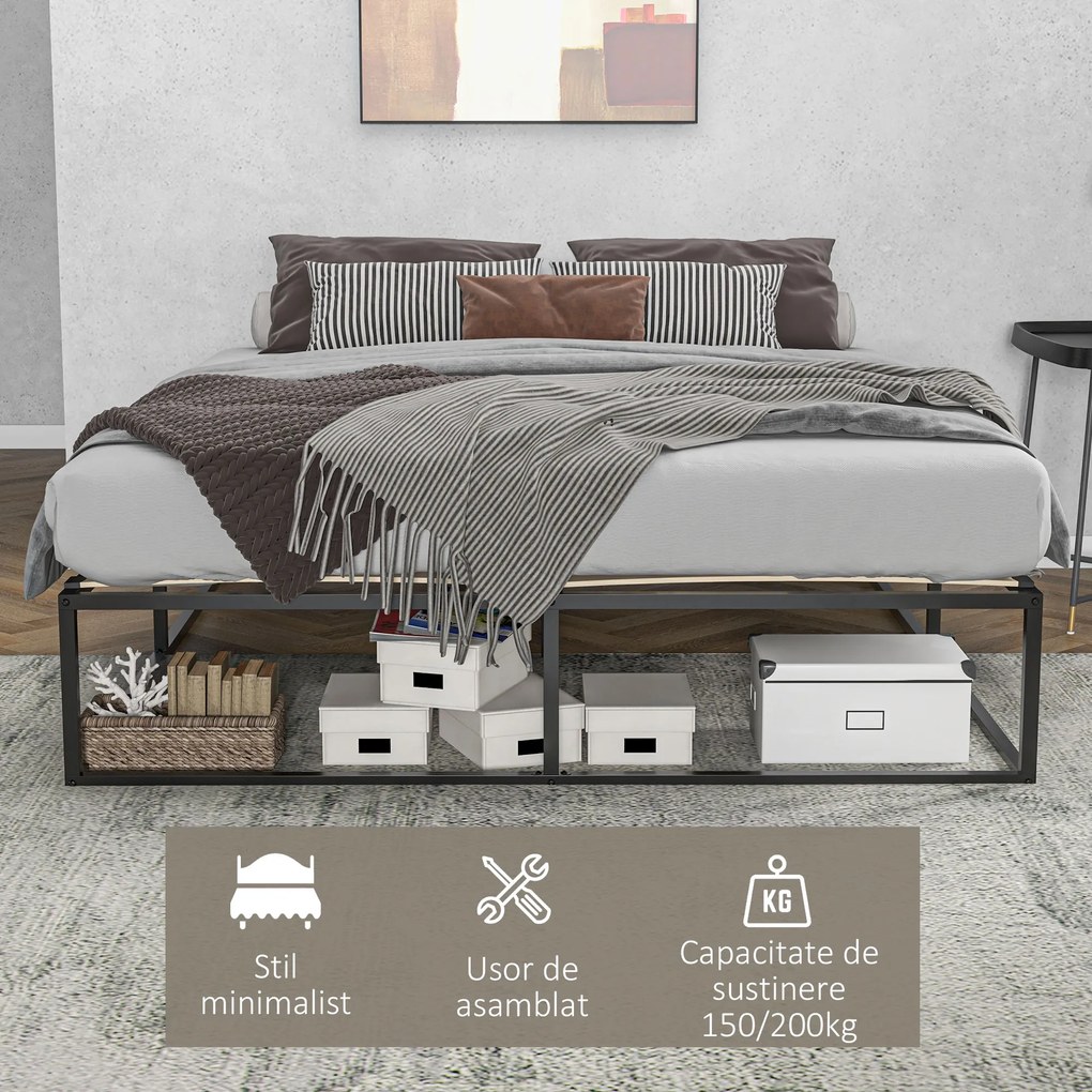 HOMCOM Cadru de Pat de 35cm cu Platforma Dubla din Otel, Cadru 190x160cm, cu Suport cu Lamele de Placaj si Depozitare sub Pat, Negru | Aosom Romania